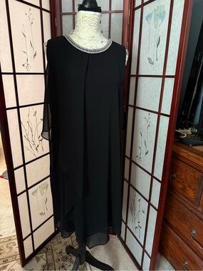 Black Sleeveless Midi Dress with Beaded Neckline